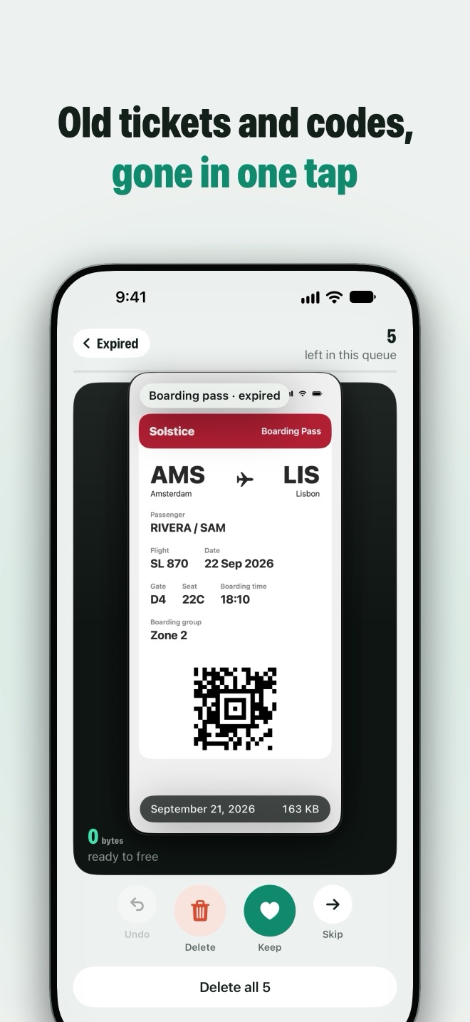 Old tickets and codes, gone in one tap